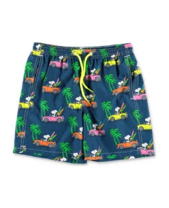 Mc2 Saint Barth Costume Peanuts Shorts Da Mare Blu Stampato In Nylon Riciclato Bambino
